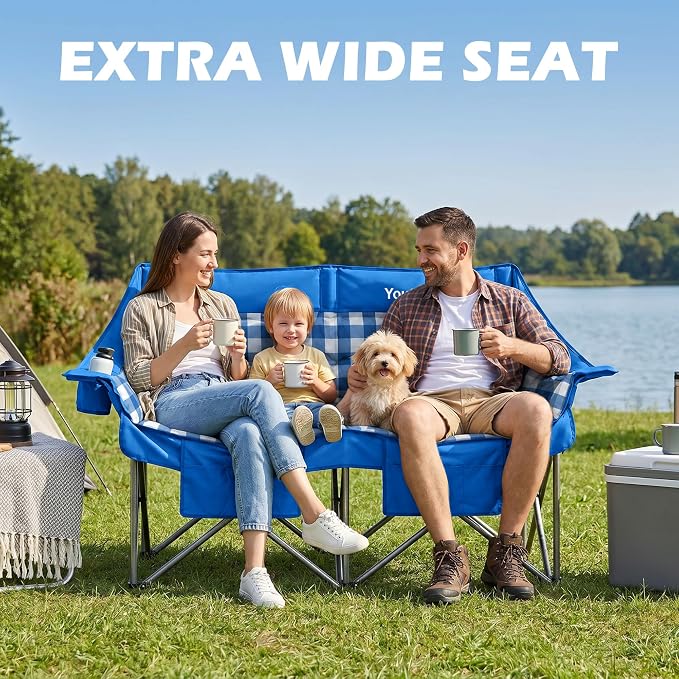 Youtanic 60" Extra Double Camping Chair, 700lbs Heavy Duty Padded Loveseat for Adults, Oversized 2 Person Folding Camp Couch with Dual Cup Holders, Portable Plaid Lawn Chair for Outside, Sports, Blue