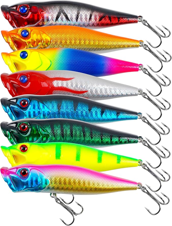 OROOTL Fishing Popper Lures, 8pcs Topwater Fishing Lures Hard Baits Lifelike Swimbait with Treble Hook Poppers for Bass Trout Walleye Pike Panfish Freshwater Saltwater