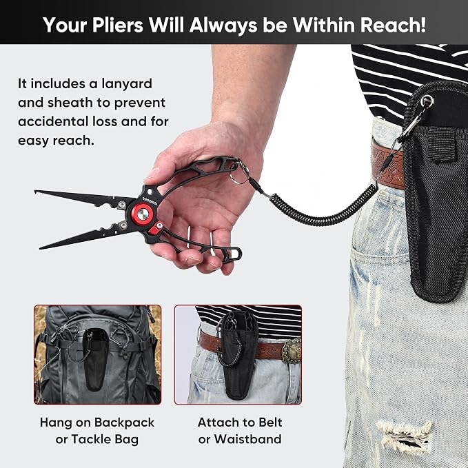 Fishing Pliers with Innovative Ergonomical Handle, Corrosion Saltwater Resistant,Fishing Multitool Hook Remover Braided Fishing Line Cutting, Split Ring with Coiled Lanyard and Sheath