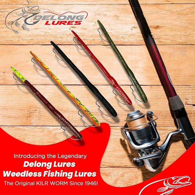 DeLong Lures 6" KILR Worm – Made in USA Weedless Pre-Rigged Soft Plastic Swimbaits, Extra Durable Bass Fishing Lures for Pike and More, 5-Pack Variety