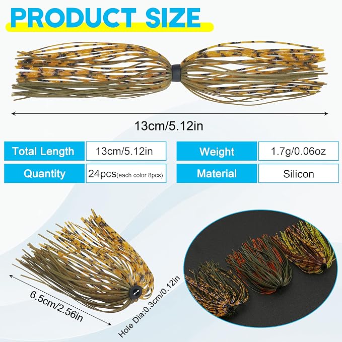 Silicone Jig Skirts Spinnerbait Skirts Replacement 12/24 Bundles DIY Bass Fishing Jigs Lure Skirts for Spinner Bait Buzzbaits Squid Jig Spoon Blade Fly Tying Material
