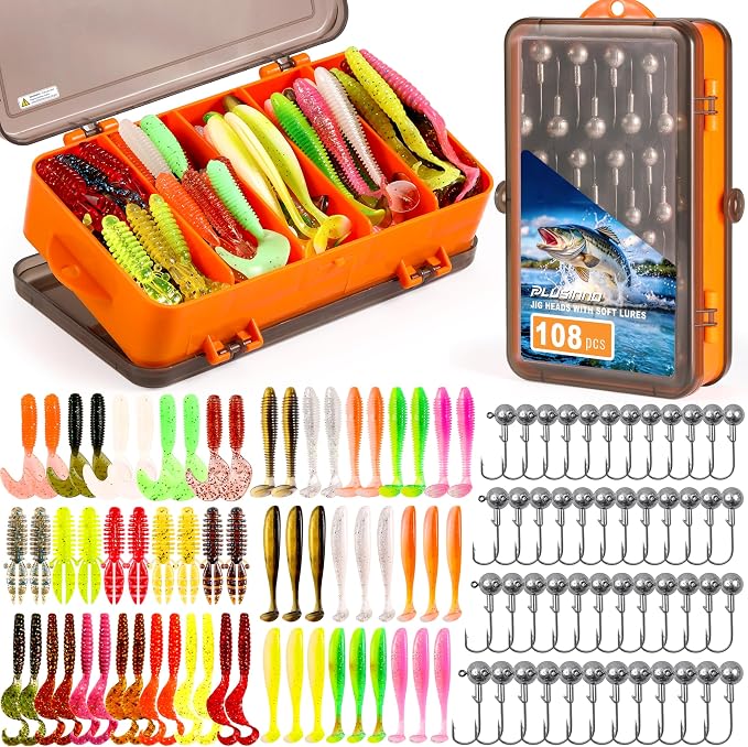 PLUSINNO Fishing Lures, 108PCS Tackle Box with Tackle Included Paddle Tail Swimbaits, Soft Worm Lures, Crappie Jigs Heads, Fishing Gear Bait Lure Kit Gifts for Men Trout Bass Freshwater