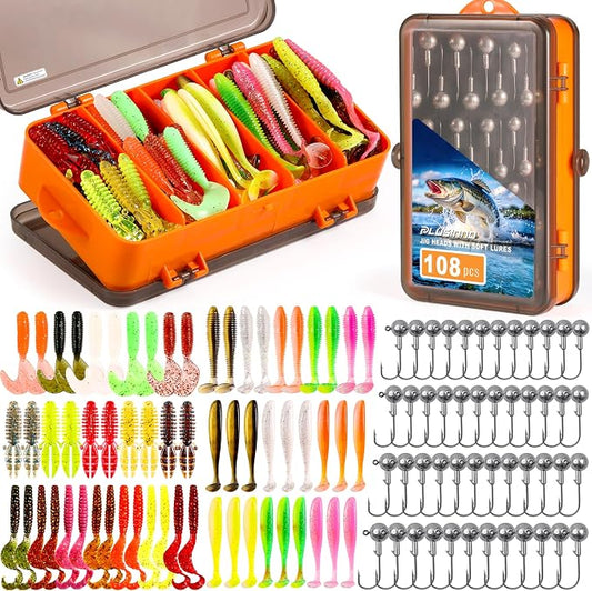 PLUSINNO Fishing Lures, 108PCS Tackle Box with Tackle Included Paddle Tail Swimbaits, Soft Worm Lures, Crappie Jigs Heads, Fishing Gear Bait Lure Kit Gifts for Men Trout Bass Freshwater