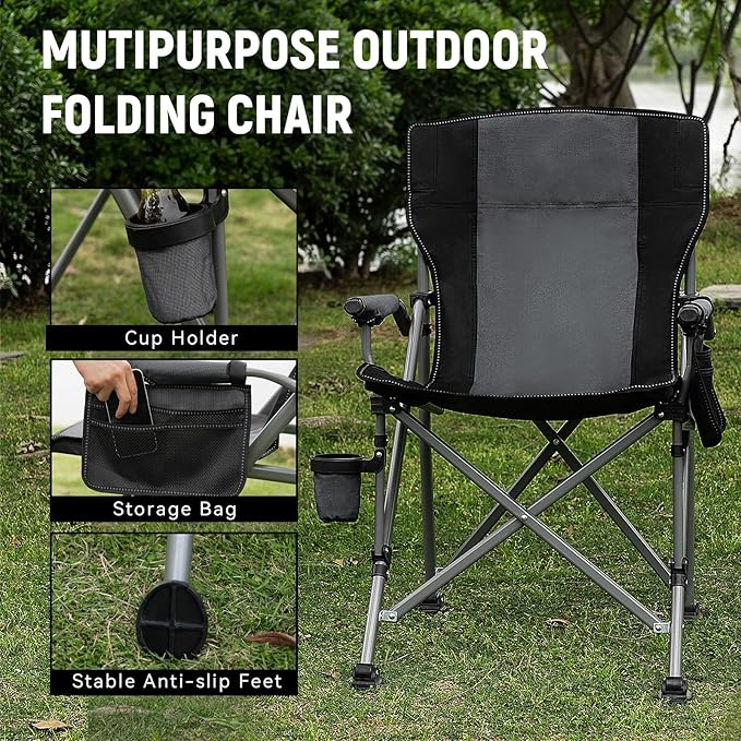 Fishing Chair with Upgraded 360° Adjustable Rod Holder, Folding Ice Fishing Chairs for Adults, Portable Camping Chair with Side Pocket Cup Holder for Outdoor Sports Garden Beach Lawn Picnic