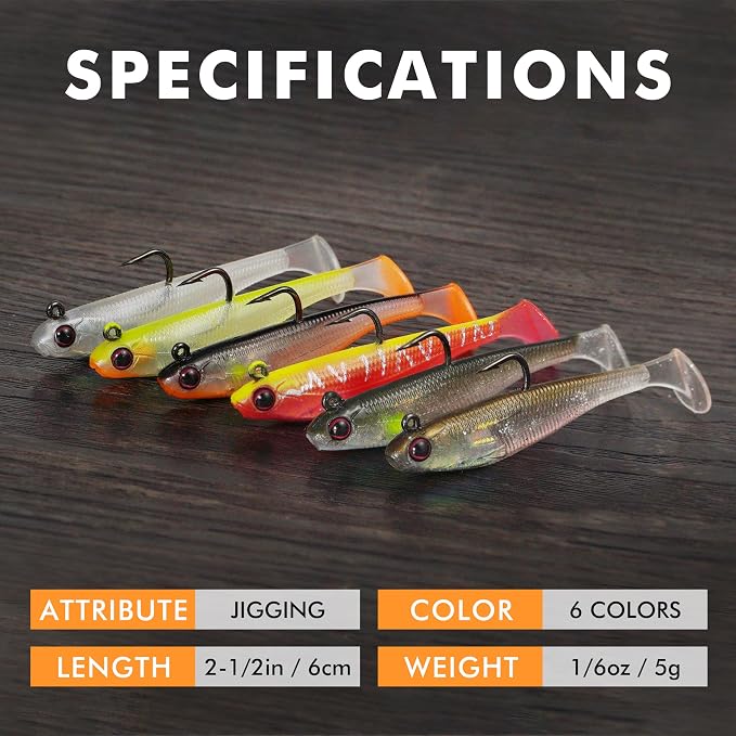 TRUSCEND Shadtale Easy Catch Soft Fishing Lures with BKK Hooks - Trembly Sinking and Vibrating Swim for More Bites, Pre-Rigged Swimbaits for Bass, Trout, Crappie, Walleye, Freshwater Saltwater Fishing