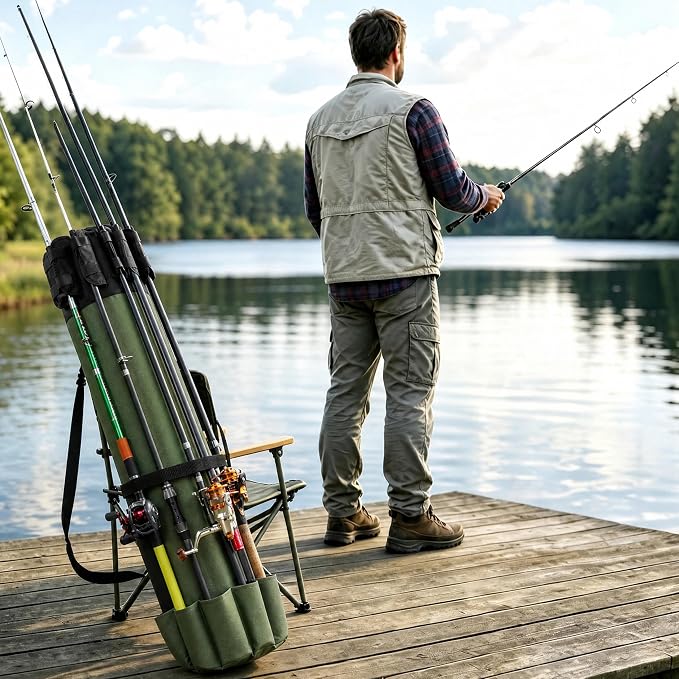 AGOOL Fishing Pole Bag with Rod Holder Fishing Rod Bag, 5 Rod & Reel Organizer Bag Waterproof Large Capacity Fishing Tackle Storage Bag Travel Carry Case Fishing Gifts for Men