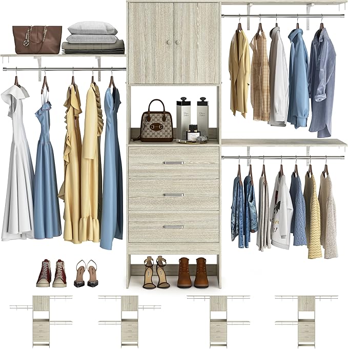 Armocity 96 Inches Closet System with Doors, 8FT Walk In Closet Organizer with 3 Shelving Towers, Heavy Duty Clothes Garment Rack with 3 Wood Drawers, 96"L x 16"W x 80"H, Max Load 1000 LBS, White Oak