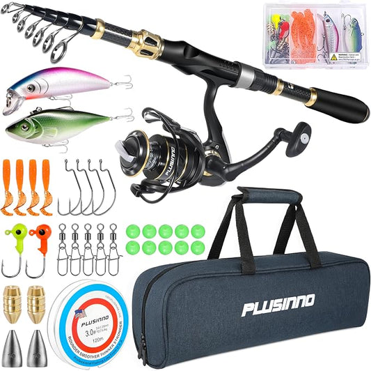 PLUSINNO Fishing Rod and Reel Combo, Telescopic Fishing Pole Kit with Spinning Reel, Tackle Box, Fishing Lures and Travel Carrying Bag, Fishing Gear Gifts for Men
