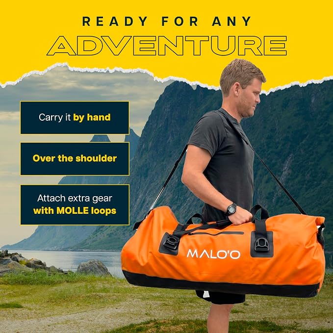 Malo’o Waterproof Dry Duffel, Heavy-Duty Roll Top Waterproof Gear Bag with Shoulder Strap & Molle Loops, Marine Duffel for Kayaking, Boating, Camping, Beach & Travel, Orange, 100L