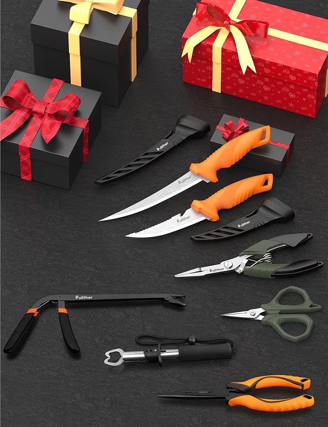 5PC Fishing Tool Kit - Fillet Knife, 2PC Fishing Pliers,Fishing Braid Scissors and Fish Lip Gripper, Fishing Gear for Fly Fishing, Ice Fishing