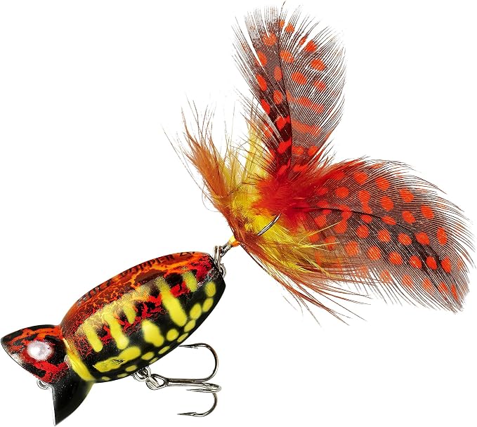 Arbogast Hula Popper 2.0 Topwater Fishing Lure with Feathered Treble Hook and Crackle Pattern Body