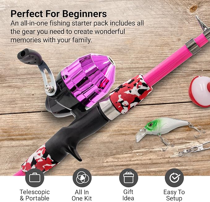 Lanaak Kids Fishing Pole, Kids Portable Telescopic Fishing Rod Set, Tackle Box and Fishing Net Combo Kit, Kids Fishing Gear for Boys and Girls Age 5-10 and Youth