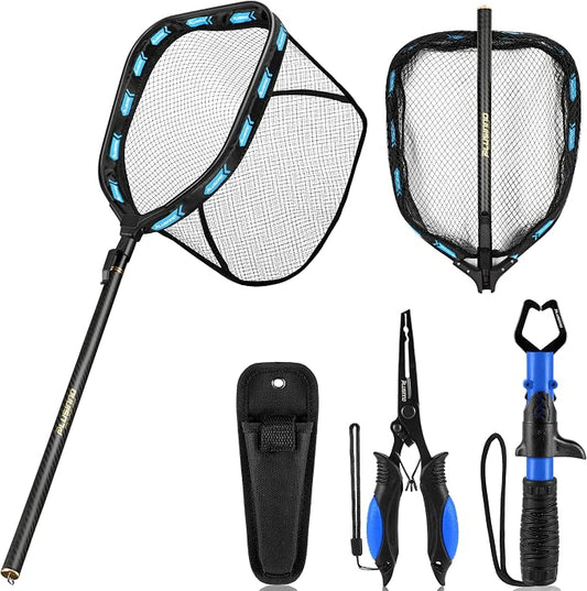 PLUSINNO Floating Fishing Net with Telescoping Handle, Carbon Fiber Ultralight Long Fish Net, Collapsible Landing Net 6.56/7.86Ft, Fishing Gear Kayak Accessories for Bass Trout Salmon
