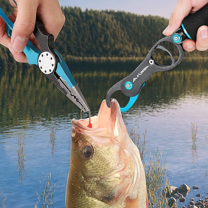 FLISSA Fishing Tool Kit, Fish Gripper with Scale, Braided Line Scissors, Fish Fillet Knife/Muti-Function Fishing Pliers/Fish Hook Remover, Saltwater Resistant Fishing Gear with Safety Coiled Lanyard
