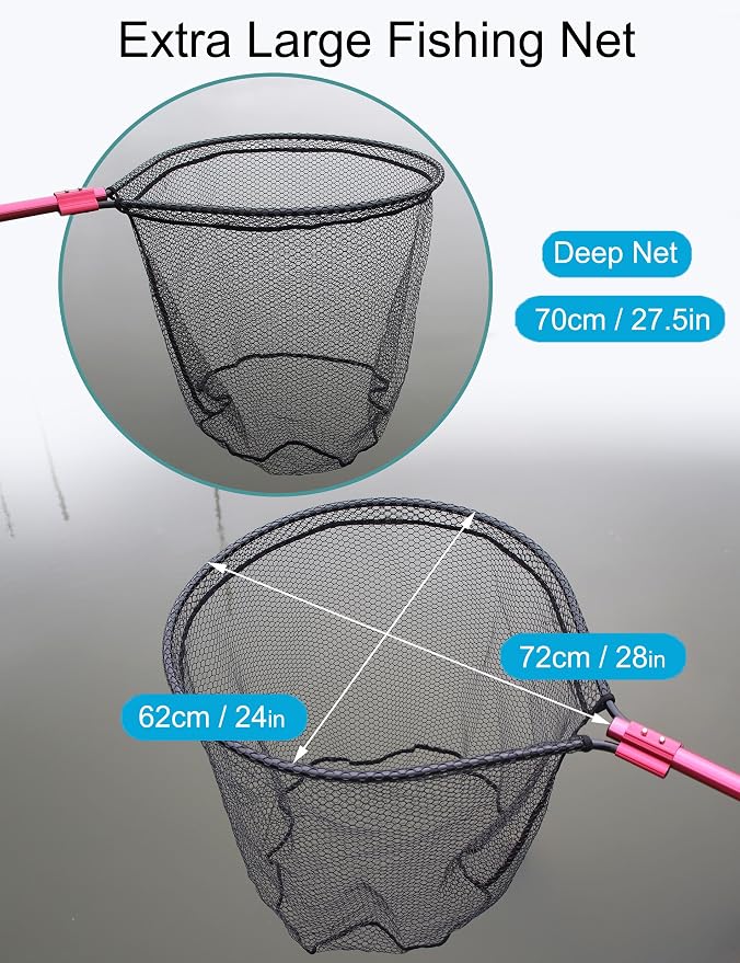Extra Large Fishing Landing Net - 72"-94" Heavy Duty Telescopic Aluminum Handle, Snag-Free Rubber Mesh for Saltwater Boat, Net Hoop 28x24in, 30in Deep