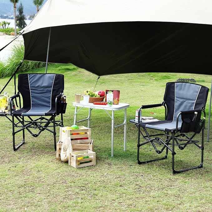 2 Pack Oversized Camping Directors Chair, Portable Folding Lawn Chairs for Adults with Side Table and Storage Pouch,Pocket for Beach, Fishing, Picnic,Concert,Tailgating, Heavy Duty Supports 330LBS
