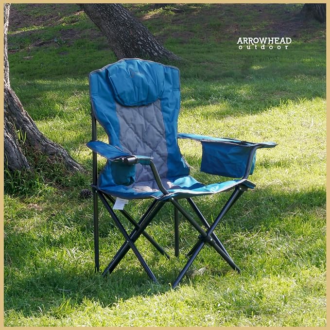 ARROWHEAD OUTDOOR Deluxe Folding Camp Chair – 550lb Capacity Heavy-Duty Quad Chair with Integrated Cooler, Headrest, and Dual Cup Holders.