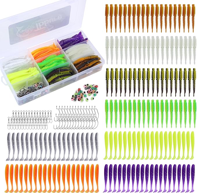 130/260Pcs Fishing Soft Lures Multi-Color Worms Set with Storage Box Silicone Threaded Bait Equipment Tackle Plastic Bait Gear for Bass, Fish Kit,Hooks,connectors, Accessories Tools,Swimbait