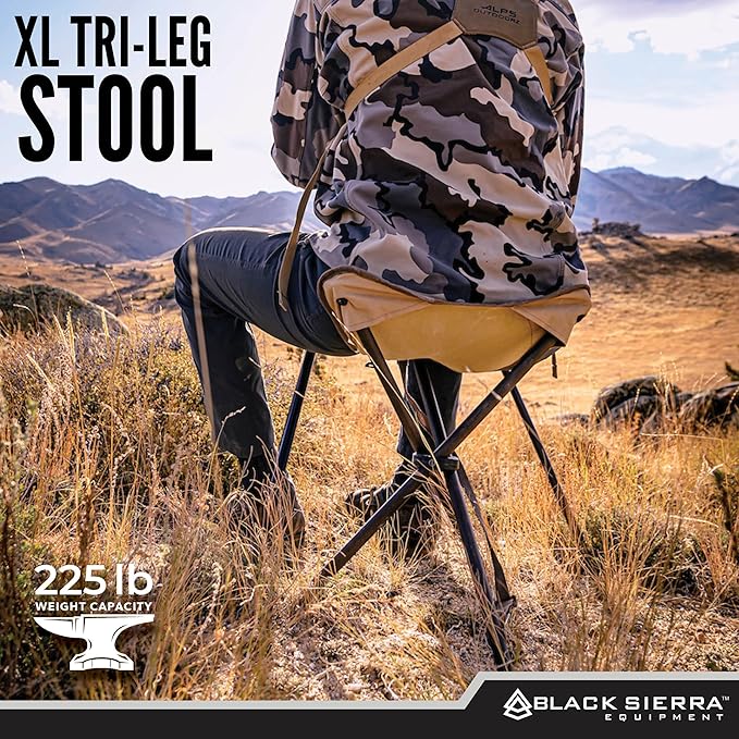 Black Sierra Folding Hunting Stool with Shoulder Strap, Lightweight Collapsible Tripod Seat, Steel Frame Supports 225 lbs, Portable Foldable Chair for Hunting Blind, Fishing, Hiking, Travel