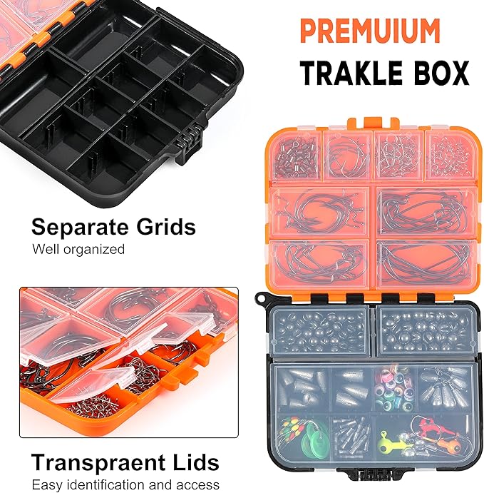 PLUSINNO 253/387pcs Fishing Gear Accessories Kit, Fishing Tackle Box with Tackle Included, Fishing Hooks, Fishing Weights Sinkers, Spinner Blade, Fishing Equipment for Bass Trout Bluegill Crappie