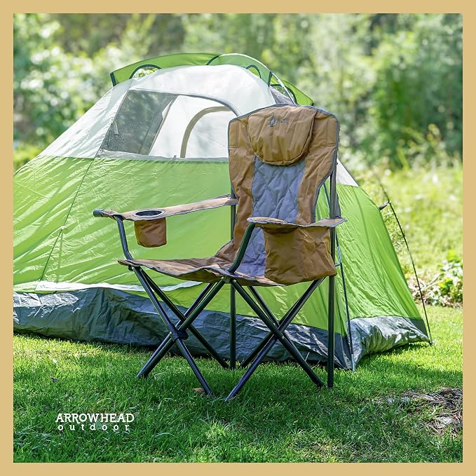 ARROWHEAD OUTDOOR Portable Deluxe Folding Camp Quad Chair w/Headrest, Glass & Cup Holders, Armest 6-can Cooler, Heavy Duty Carry Bag, 550 lbs Weight Capacity