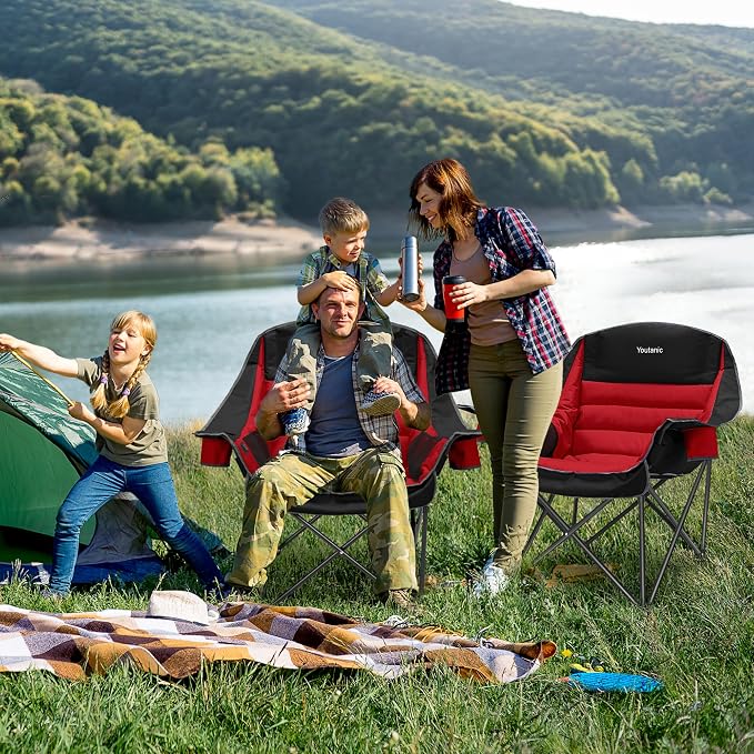 Youtanic Oversized Extra Large Padded Camping Chair, up to 400lbs, Folding Camping Chairs with Side Pocket, Carry Bag, Heavy Duty Outdoor Camp Chairs for Adults, Fishing, Sports, Trip, Red-Black