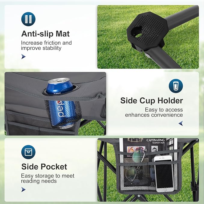 LET'S CAMP Camping Chair 2 Pack Folding Chair with 4-Can Cooler Bag Portable Lawn Chair with Cup Holder,Storage Pocket, Supports 250LBS, Collapsible Chair for Camp, Beach, Picnic (Grey)