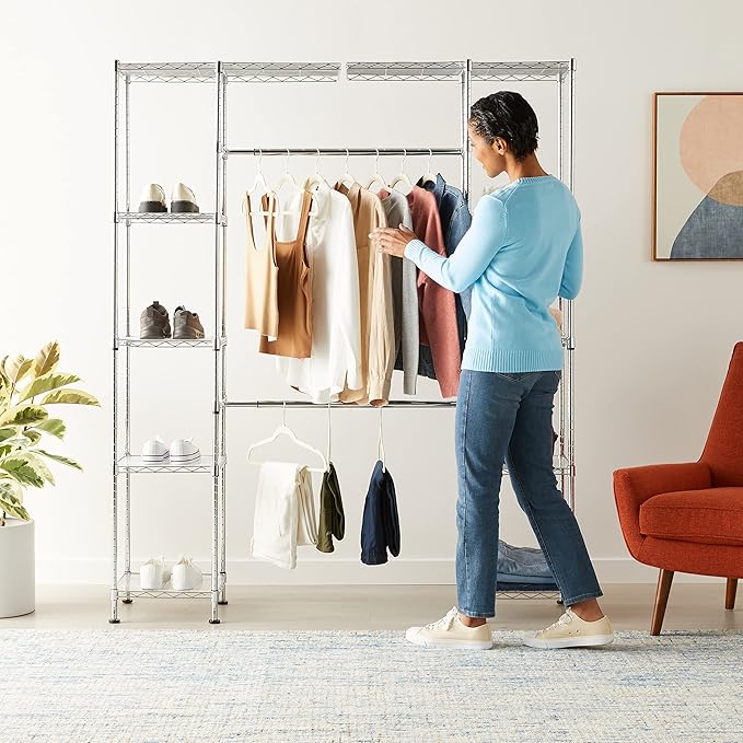 Amazon Basics Expandable Adjustable Metal Closet Organizer with Hanging Rod, Clothes Rack, Shelves, 57-80 x 14 x 72 inches (LxWxH), Chrome