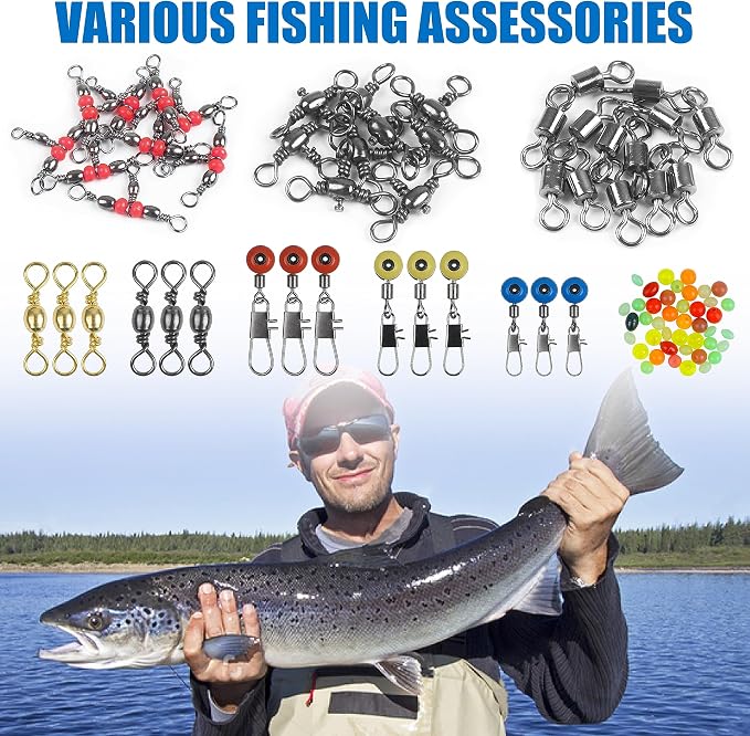 SILANON Fishing Swivels Tackle Kit, 174pcs Include Barrel Swivels,Sinker Slides,3 Way Swivels,Duo Lock Snaps,Barrel Snap Swivels Fishing Tackle Box Set for Bass Trout Saltwater Freshwater