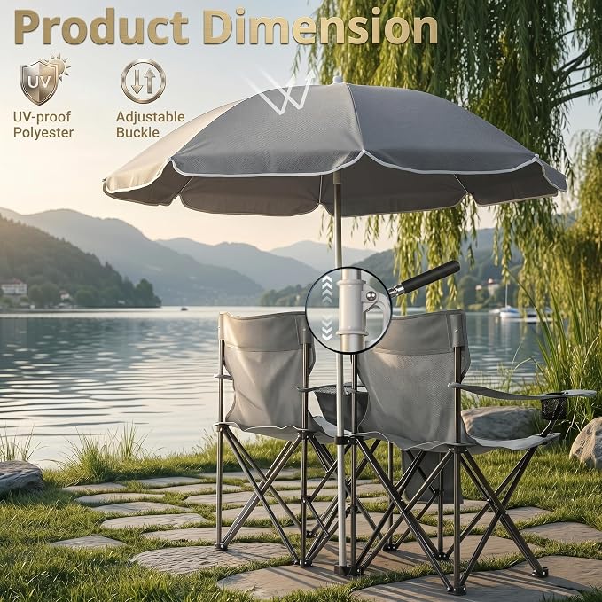 Double Camping Chair with Removable Umbrella, 2-Person Portable Folding Chair with Built-in Cooler Bag, Cup Holders & Storage Pockets, Heavy Duty Loveseat for Beach, Picnic, Fishing, Grey