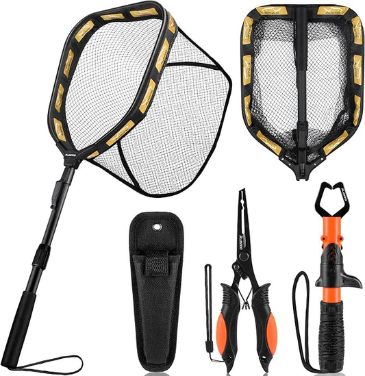 PLUSINNO Floating Fishing Net for Steelhead, Salmon, Fly, Kayak, Catfish, Bass, Trout Fishing, Rubber Coated Foldable Landing Net with Fixed or Telescoping Pole Handle, Fishing Gear and Gifts for Men