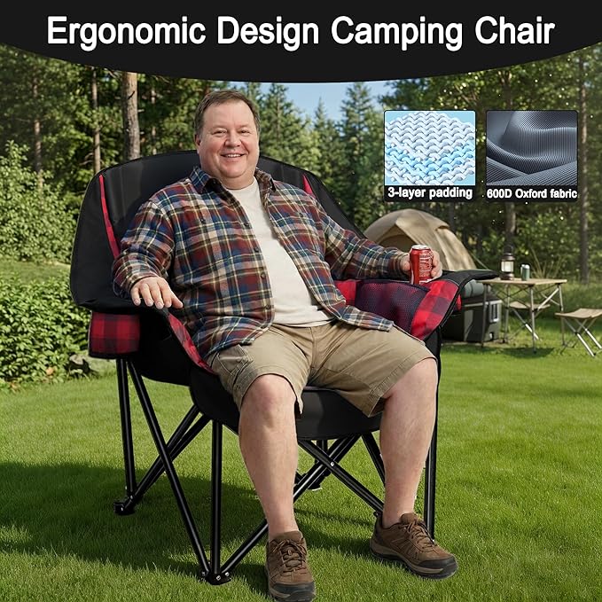 Youtanic Oversized Extra Large Padded Camping Chair, Heavy Duty 400 lbs Foldable Lawn Chair, Ergonomic Outdoor Seat with Plaid Design, Cup Holders & Storage Pockets for Fishing, Sports, Red-Black