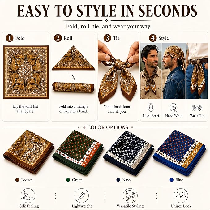 4PCS Neck Scarf Bandanas for Men and Women, Silk Feeling Head Scarfs, Fashion Neckerchief Square Purse Scarf