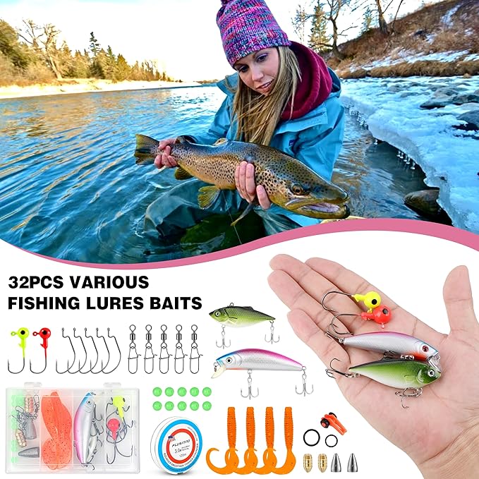Fishing Rod and Reel Combos, Fishing Gear Gifts for Women with Spinning Reel, Lures, Line, Pink Ladies Telescopic Pole Kit Designed for Girls Adults by PLUSINNO