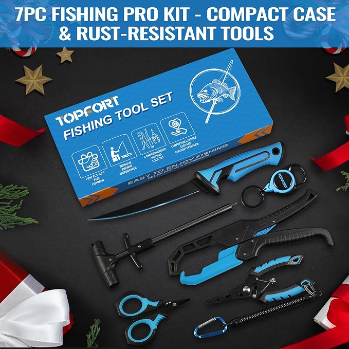 TOPFORT Fishing Gear Tool Kit - 7PC Saltwater Fishing Pliers Accessories Set - Fishing Equipment with Fish Knife Scissors Hook Remover Tools Line Cutter and Fish Lip Gripper - Fishing Gifts for Men