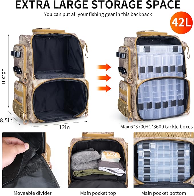 Rabjen Fishing Tackle Backpack with Rod Holders, Bottle Holder, Storage Bag Store Fishing Gear