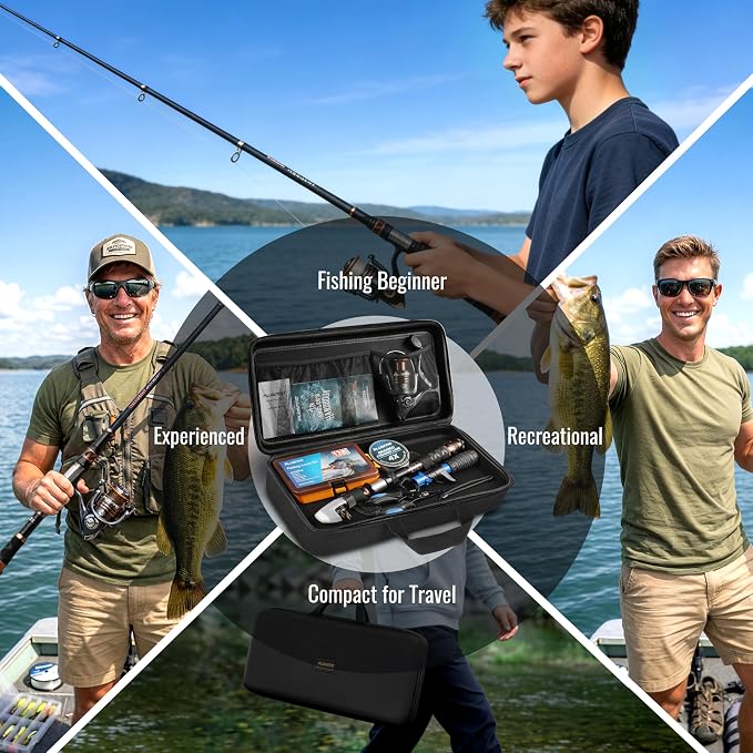 PLUSINNO Fishing Rod and Reel Combo with Telescopic Fishing Pole, Portable Travel Fishing Rods Kit with Tackle Box Carrier Bag & Manuals, Fishing Gear Tool Kit for Freshwater, Fishing Gifts for Men