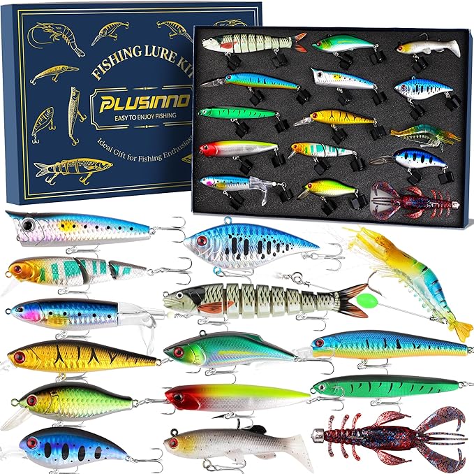 PLUSINNO Fishing Lures - Tackle Box, Bass Fishing Lures for Freshwater and Saltwater, Trout Fishing Gear & Bait, Fishing Gifts for Men,Father