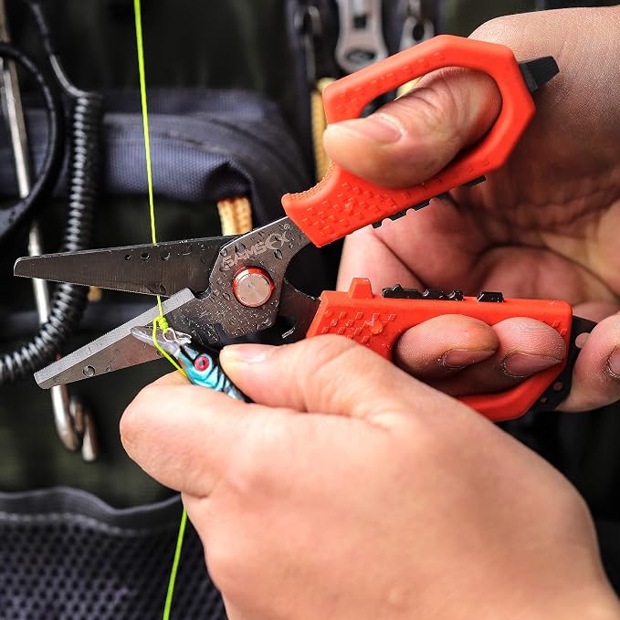 SAMSFX 6.5" Pro Fishing Shears Dual Serrated Blades, Fishing Braided Line Scissors with Titanium Coating, Non-Slip Grip & Multifunction Tool, Includes Hard Molded Locking Sheath & Coiled Lanyard