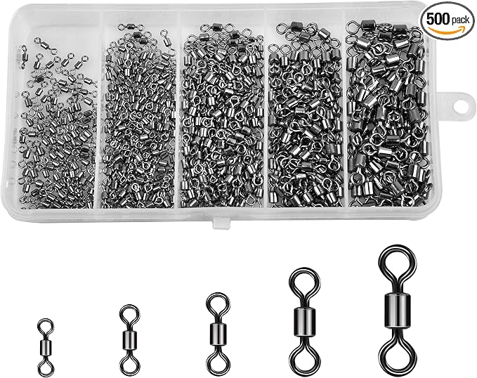 Barrel Fishing Swivels Kit 500pcs Rolling Swivels Fishing Tackle Saltwater Heavy Duty Fishing Line Connectors Black Stainless Steel Bearing Swivels for Saltwater Freshwater 30-97Lbs