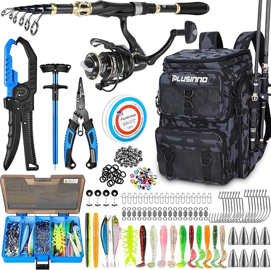 PLUSINNO Fishing Backpack with Fishing Rod Gear Holders Tackle Box, 42L Large Water-resistant Tackle Backpack Store Tools, Gear