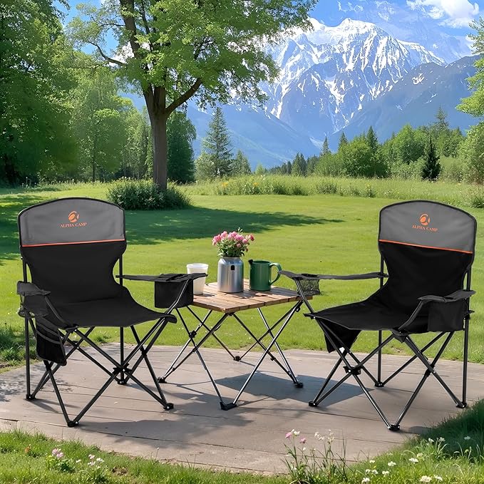 LET'S CAMP Camping Chair 2 Pack Folding Chair with 4-Can Cooler Bag Portable Lawn Chair with Cup Holder,Storage Pocket, Supports 250LBS, Collapsible Chair for Camp, Beach, Picnic (Black)