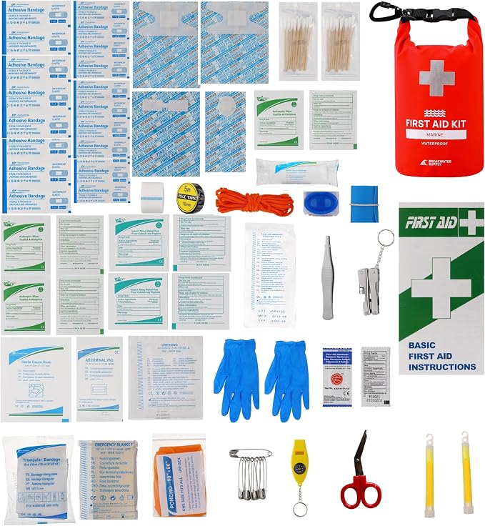 Breakwater Supply Waterproof Marine First Aid Kit for Boat, 100 Piece, Red | Boat Safety Tool Kit, AFAK Emergency Supplies in Dry Bag, IFAK Trauma Kit, for Kayaking, Jet Ski, Fishing, Surfing, Sailing
