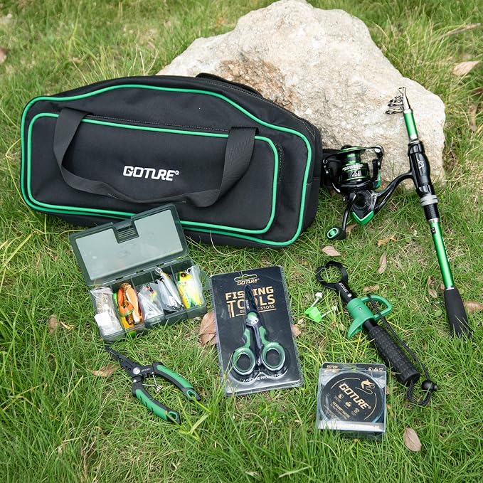 Goture Fishing Poles and Reels Combo - Green Telescoping Fishing Rod Portable Travel Kit with Carrier Bag for Freshwater Saltwater