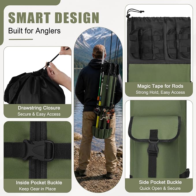 AGOOL Fishing Pole Bag with Rod Holder Fishing Rod Bag, 5 Rod & Reel Organizer Bag Waterproof Large Capacity Fishing Tackle Storage Bag Travel Carry Case Fishing Gifts for Men