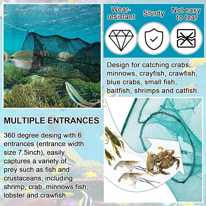 Woanger 3 Pcs Minnow Trap, Include 2 Fishing Bait Trap 1 Cylindrical Hexagon Crab Crawfish Trap, Lobster Shrimp Collapsible Cast Nets Portable Folded Fishing Accessories,12x21.65 Inches