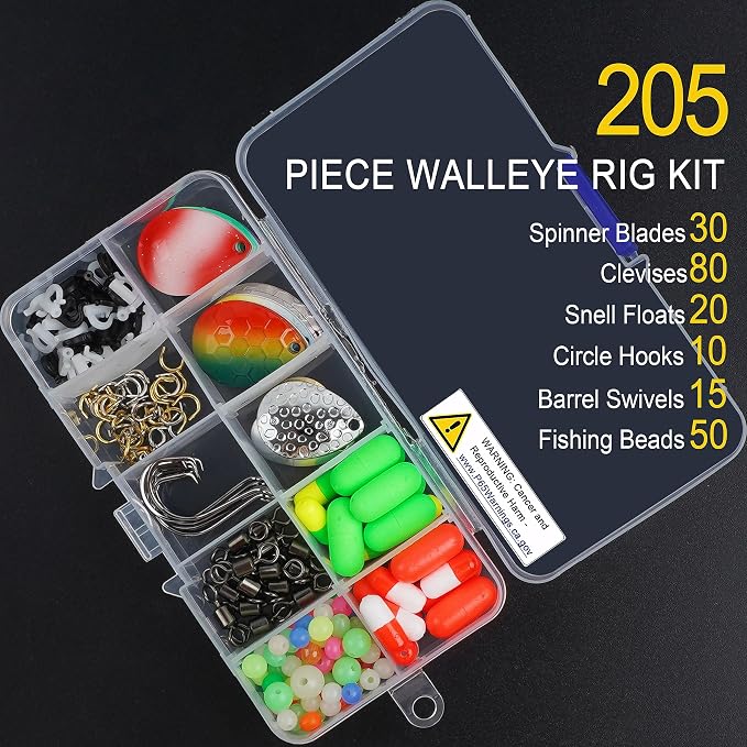 Walleye Rig Making Kit,205pcs DIY Lure Making Supplies Parts for Crawler Harness Walleye Spinner Rigs Colorado Blades Pompano Floats Clevises Beads Hooks Spinner Lure Making Kit