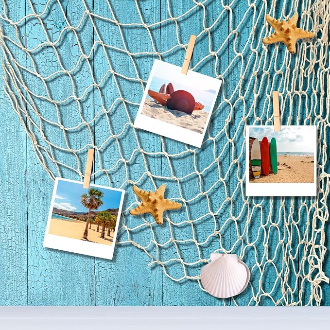 12 Pieces Natural Fish Net Decoration 80" x 40", Wall Hanging Cotton Fishnet Decor for Underwater, Mermaid, Pirate, Hawaiian, Nautical Ocean Theme Beach Bash Party Decoration (Beige)