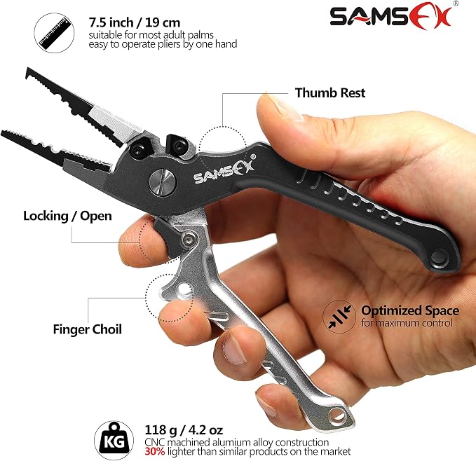 SAMSFX Aluminum Fishing Pliers Hook Remover Braid Line Cutter with Coiled Lanyard, Fly Fishing Knot Tying Tool & Retractors