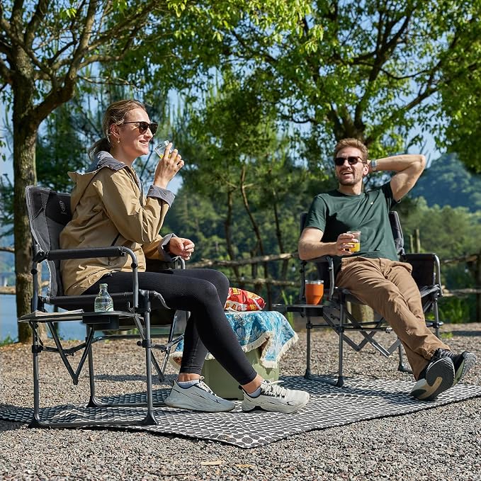 EVER ADVANCED Camping Directors' Chair with Side Table, Portable Folding Chair with Compact Size, Heavy Duty Lawn with Pocket for Camping, Lawn, Sports and Fishing, 400lbs, Grey
